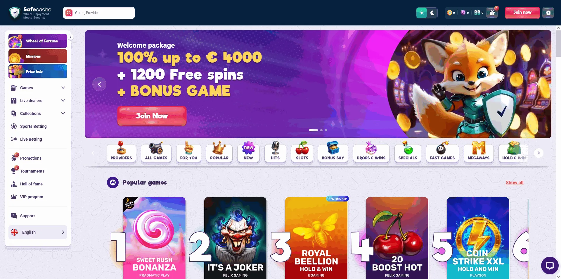 Safe EU online casino homepage